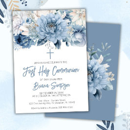 Dusty Blue Blommigt First Heliga Communion Inbjudningar
