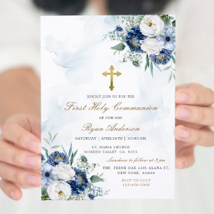 Dusty Blue Blommigt First Heliga Communion Inbjudningar