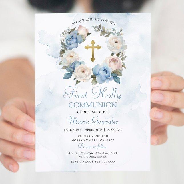 Dusty Blue Blommigt First Heliga Communion Inbjudningar (Skapare uppladdad)