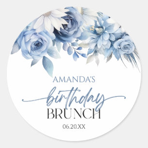 Dusty Blue Blommigt Flowers Birthday Brunch Party Runt Klistermärke