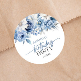 Dusty Blue Blommigt Flowers Födelsedagsfest Runt Klistermärke