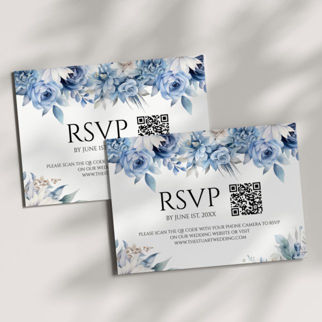 Dusty Blue Blommigt Flowers Garden Wedding QR-kod OSA Kort (Skapare uppladdad)