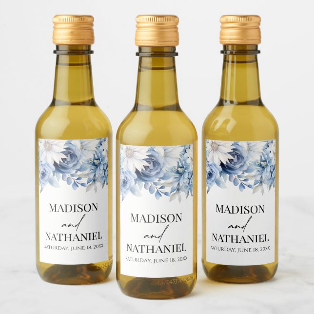 Dusty Blue Blommigt Flowers Garden Wedding Wedding Vinetikett (Flaskor)