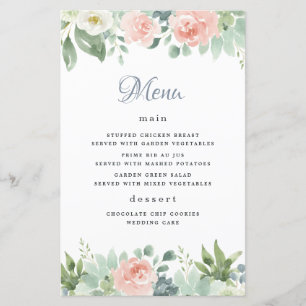 Dusty Blue Blommigt Garden Wedding Menu-kort