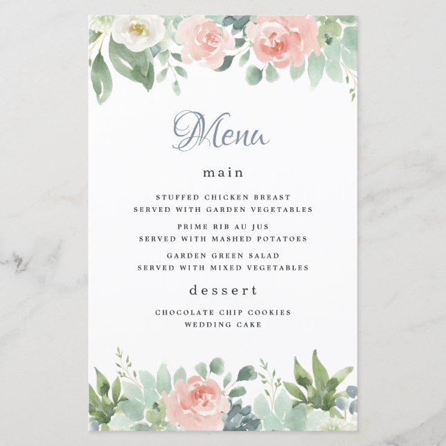 Dusty Blue  Blommigt Garden Wedding Menu-kort (Framsida)