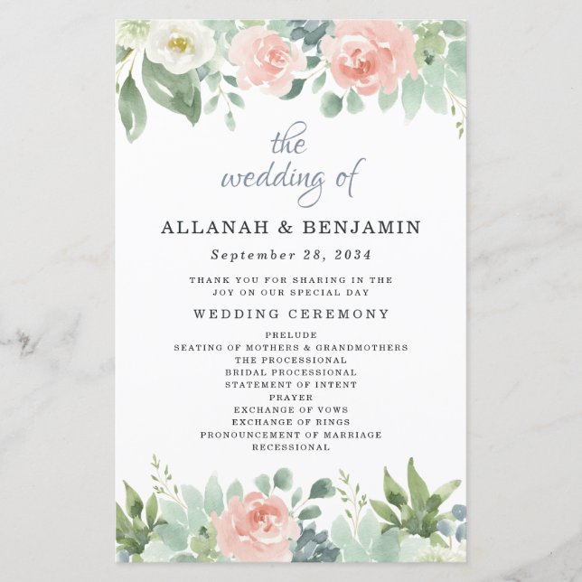 Dusty Blue  Blommigt Garden Wedding Program (Framsida)
