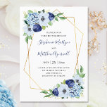 Dusty Blue Blommigt Geometric Bröllop Inbjudningar<br><div class="desc">Dessa bröllopsinbjudningar har en vattenfärgsutformning med blommigt med blåa blommor,  ro,  vattenkraft,  anemoner och löv med ett faux guld geometriskt ram. Anpassa inbjudan till din egen text.</div>
