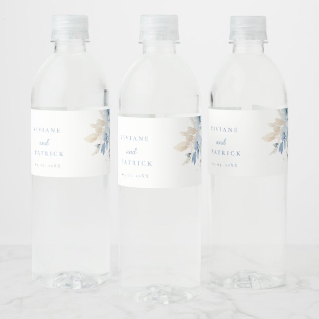 Dusty Blue Blommigt Geometric Ram Bloom Bröllop Vattenflaskor Etikett (Flaskor)