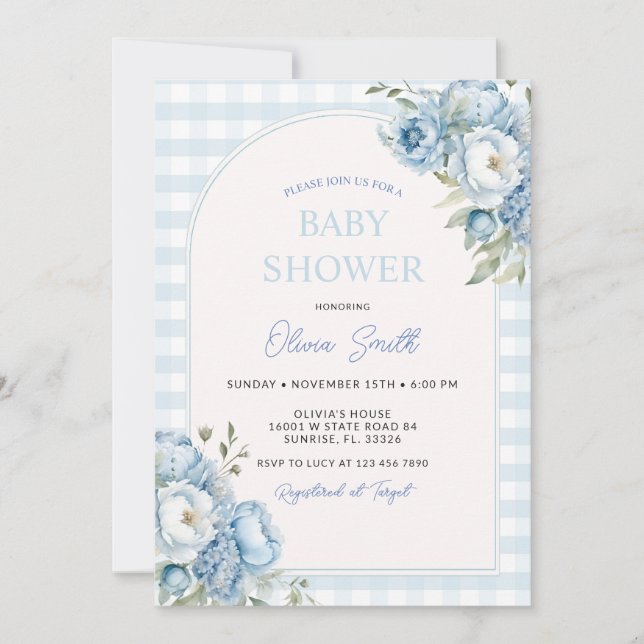 Dusty Blue Blommigt Gingham Baby Shower Inbjudningar (Framsida)