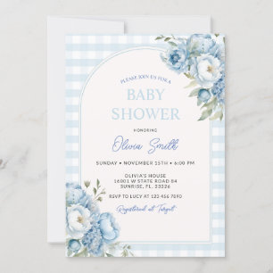 Dusty Blue Blommigt Gingham Baby Shower Inbjudningar