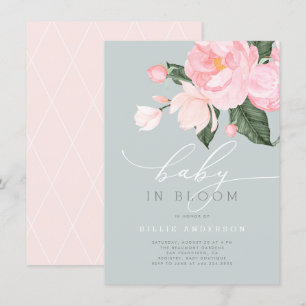 Dusty Blue Blommigt Girl Baby in Bloom Shower Inbjudningar