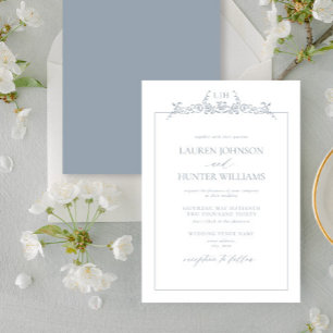 Dusty Blue Blommigt Gräns Monogram Bröllop Inbjudningar