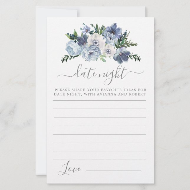 Dusty Blue Blommigt Greenery Date Night Card (Framsida)