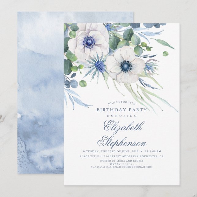 Dusty Blue Blommigt Greenery Elegant Birthday Inbjudningar (Fram/baksida)