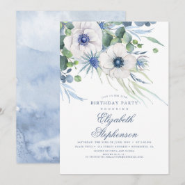 Dusty Blue Blommigt Greenery Elegant Birthday Inbjudningar