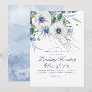 Dusty Blue Blommigt Greenery Elegant Studenten Inbjudningar