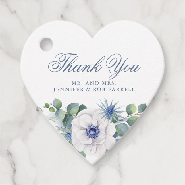 Dusty Blue Blommigt Greenery Kärlek Heart Bröllop Gåvor Etiketter (Framsida)
