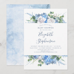 Dusty Blue Blommigt Greenery Modern Baby Shower Inbjudningar