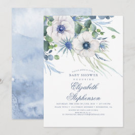 Dusty Blue Blommigt Greenery Modern Baby Shower Inbjudningar