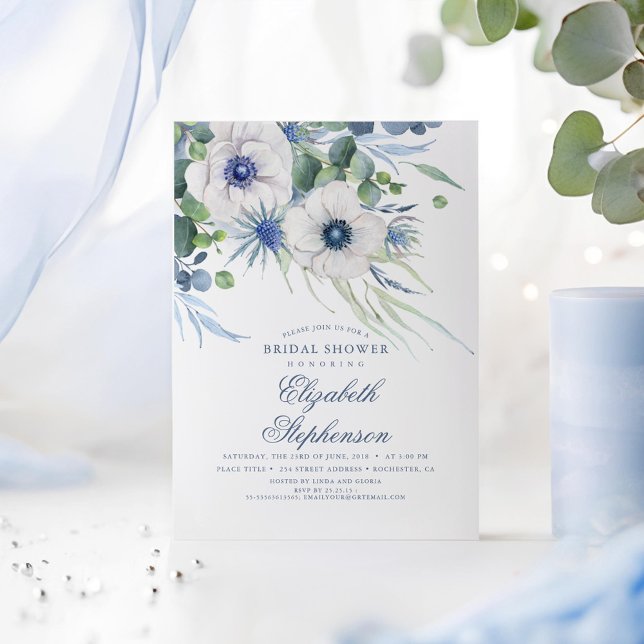 Dusty Blue Blommigt Greenery Modern Möhippa Inbjudningar (Dusty Blue Romantic Bridal Shower Invitations)