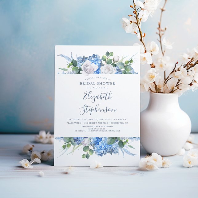 Dusty Blue Blommigt Greenery Modern Möhippa Inbjudningar (Dusty Blue and White Flowers Bridal Shower Invitations)