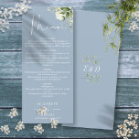 Dusty Blue Blommigt Greenery Monogram Bröllop Midd Meny<br><div class="desc">Menyn för botaniskt grönt löv bröllop i elegant med dammig blå blommigt kan vara personlig med dina uppgifter i chic typografi med initialer i monogrammet på motsatt sida. Designad av Thisisnotme©</div>