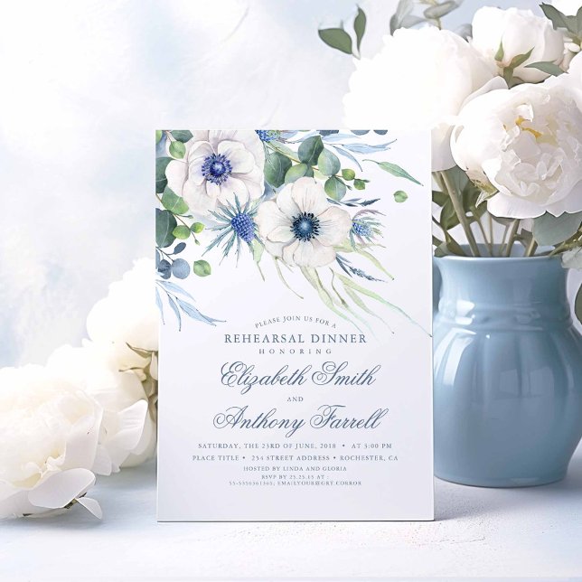 Dusty Blue Blommigt Greenery Rehearsal Dinner Inbjudningar (Dusty Blue Flowers and Greenery Rehearsal Dinner Invitations)