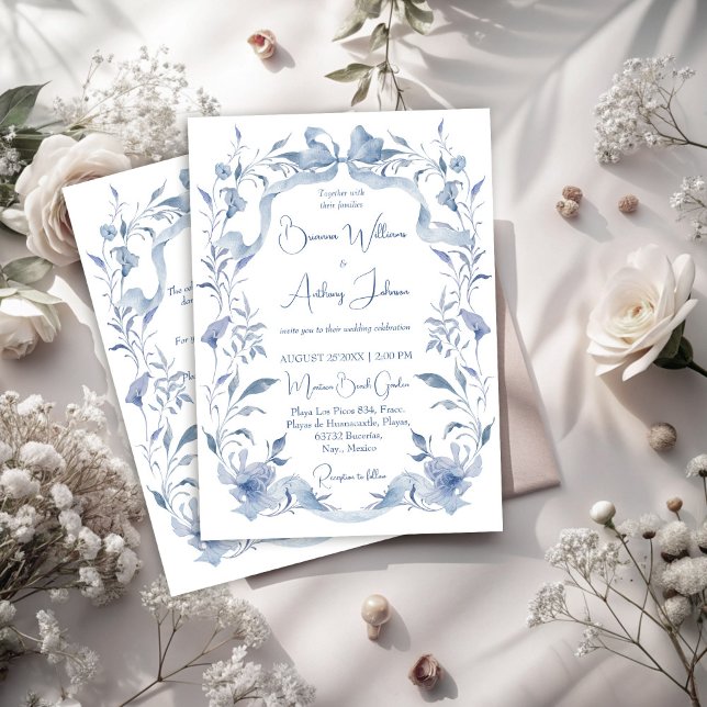 Dusty blue blommigt greenery ribbon elegant bröllo inbjudningar (Dusty blue floral greenery ribbon elegant wedding invitation cards with RSVP)