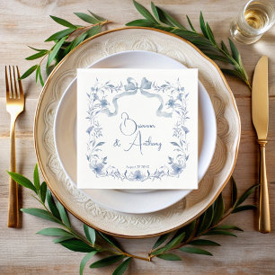 Dusty blue blommigt greenery ribbon elegant bröllo pappersservett