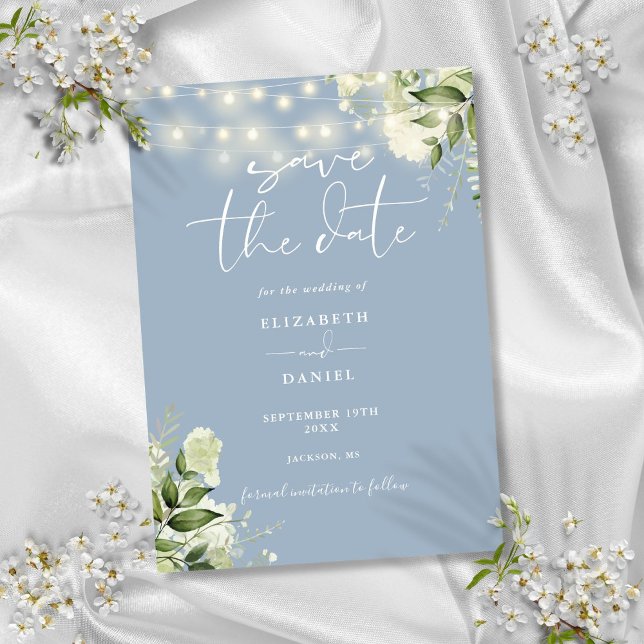 Dusty Blue Blommigt Greenery String Ljus Bröllop Spara Datumet (Dusty Blue Floral Greenery String Lights Wedding Save The Date)