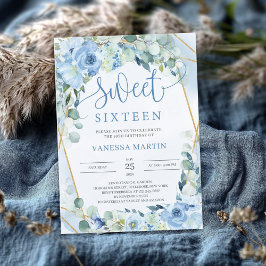 Dusty Blue Blommigt Guld Geometric Sweet sixteen Inbjudningar