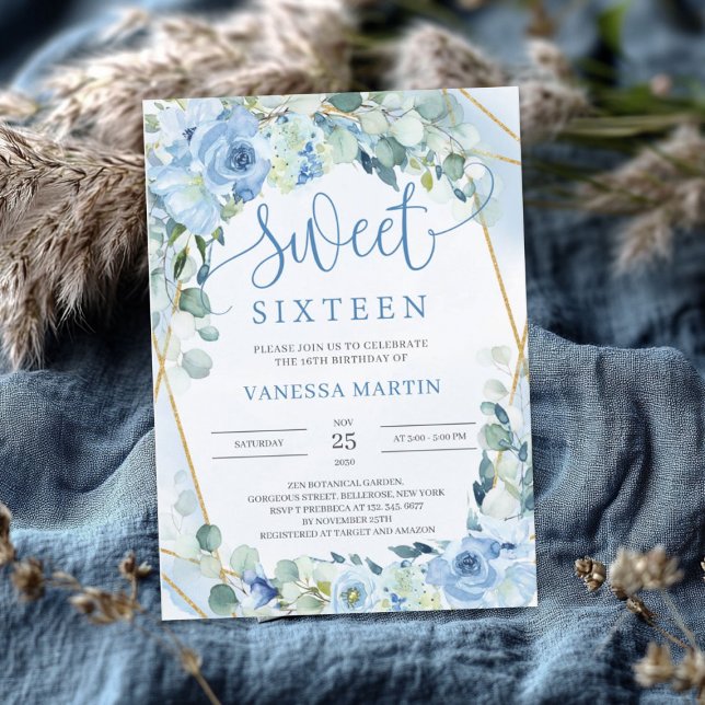 Dusty Blue Blommigt Guld Geometric Sweet sixteen Inbjudningar (Dusty Blue Floral Gold Geometric Sweet Sixteen Invitation)