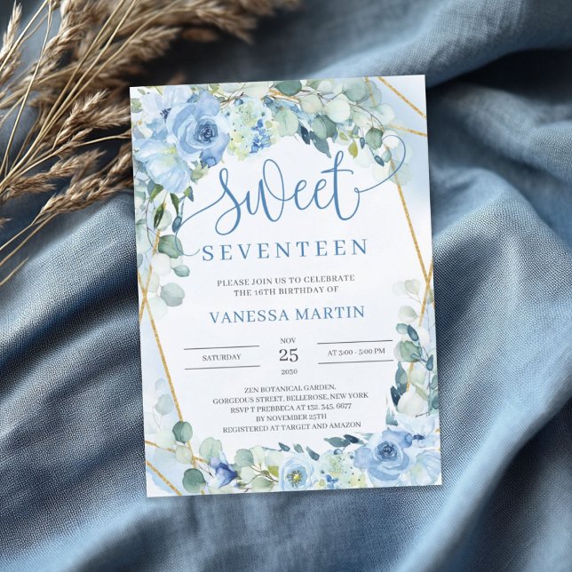 Dusty Blue Blommigt Guld Geometric Sweet sjutton Inbjudningar (Dusty Blue Floral Gold Geometric Sweet seventeen Invitation)