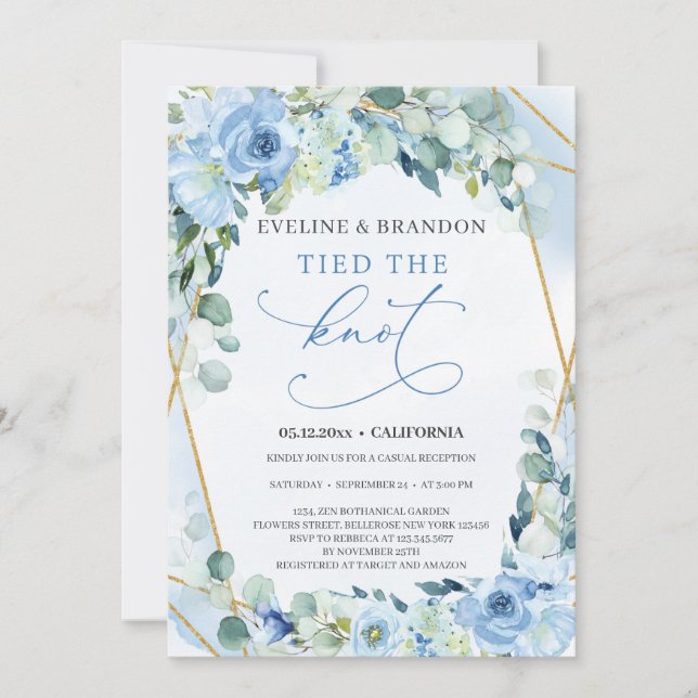 Dusty Blue Blommigt Guld Geometric Tied the Knot Inbjudningar (Framsida)