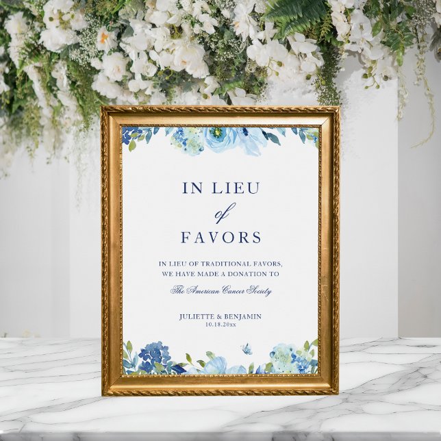 Dusty Blue-Blommigt i stället för Favors Bröllop-t Poster (Elegant, vintage, dusty blue, floral In Lieu of Favors wedding sign)