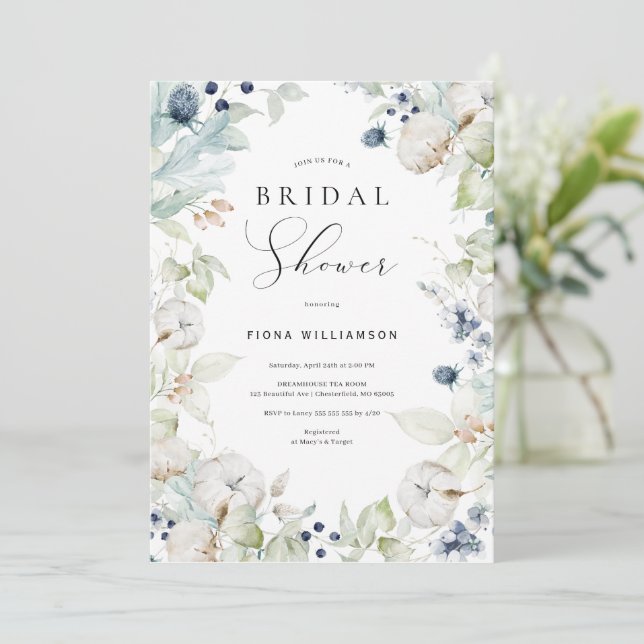 Dusty Blue Blommigt Inbjudningskort för möhippan (Stående Fram)