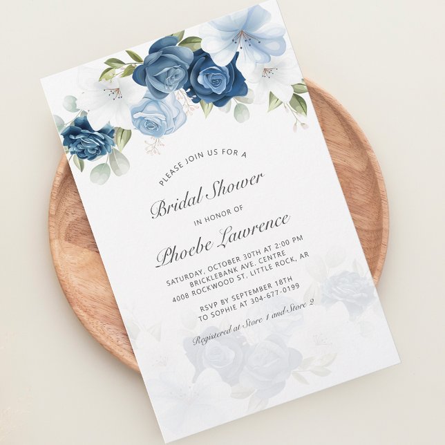 Dusty Blue Blommigt Inbjudningskort för möhippan C Brevpapper (Dusty Blue Floral Script Typography Bridal Shower Invitation Stationery)
