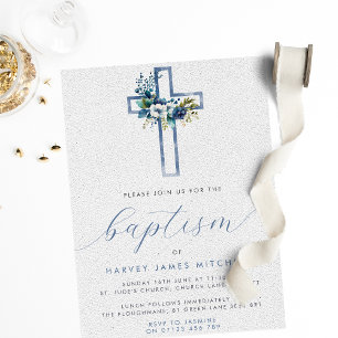 Dusty Blue Blommigt Kor Baby Baptism Inbjudningar