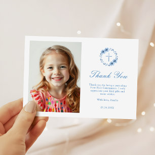Dusty Blue Blommigt Kor Girls First Communion Tack Kort