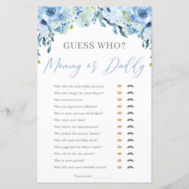 Dusty Blue Blommigt Mamma eller Baby Shower Game (Framsida)