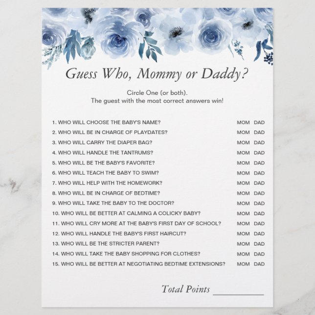Dusty Blue Blommigt Mamma eller Baby Shower Game Reklamblad (Framsidan)