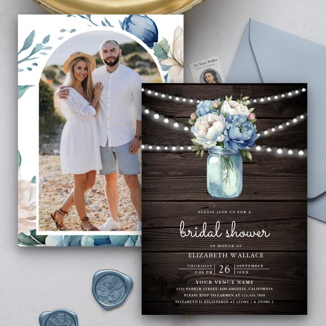 Dusty Blue Blommigt Mason Burk Wood Möhippa Inbjudningar (Skapare uppladdad)