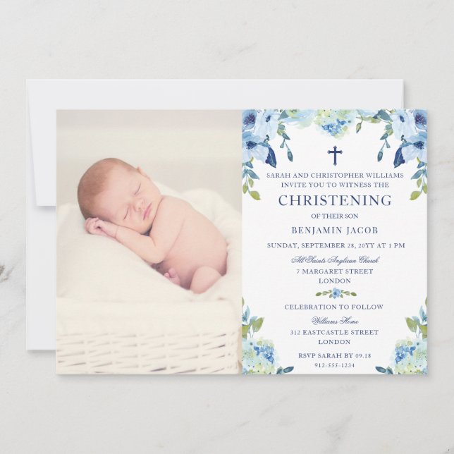 Dusty Blue-Blommigt med Photo Christening Inbjudningar (Framsida)