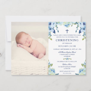 Dusty Blue-Blommigt med Photo Christening Inbjudningar