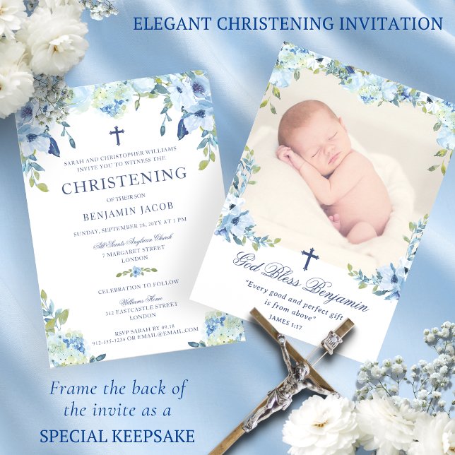 Dusty Blue-Blommigt med Photo Christening Inbjudningar (Skapare uppladdad)