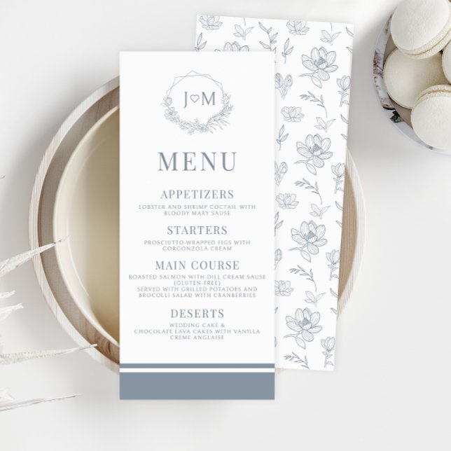 Dusty Blue Blommigt Minimalist Bröllop Menu-kort (Skapare uppladdad)