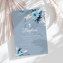 Dusty blue blommigt modern baptism-inbjudan