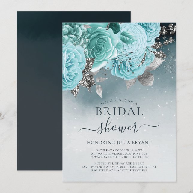 Dusty Blue Blommigt Möhippa Inbjudningar (Fram/baksida)