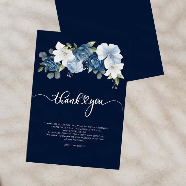 Dusty Blue Blommigt Möhippa Tack Kort (Dusty Blue Floral Script Bridal Shower Thank You Card)