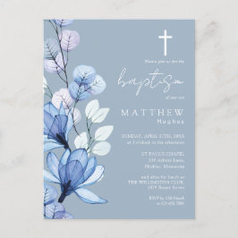 Dusty Blue Blommigt Monogram Baptism-inbjudan Vykort